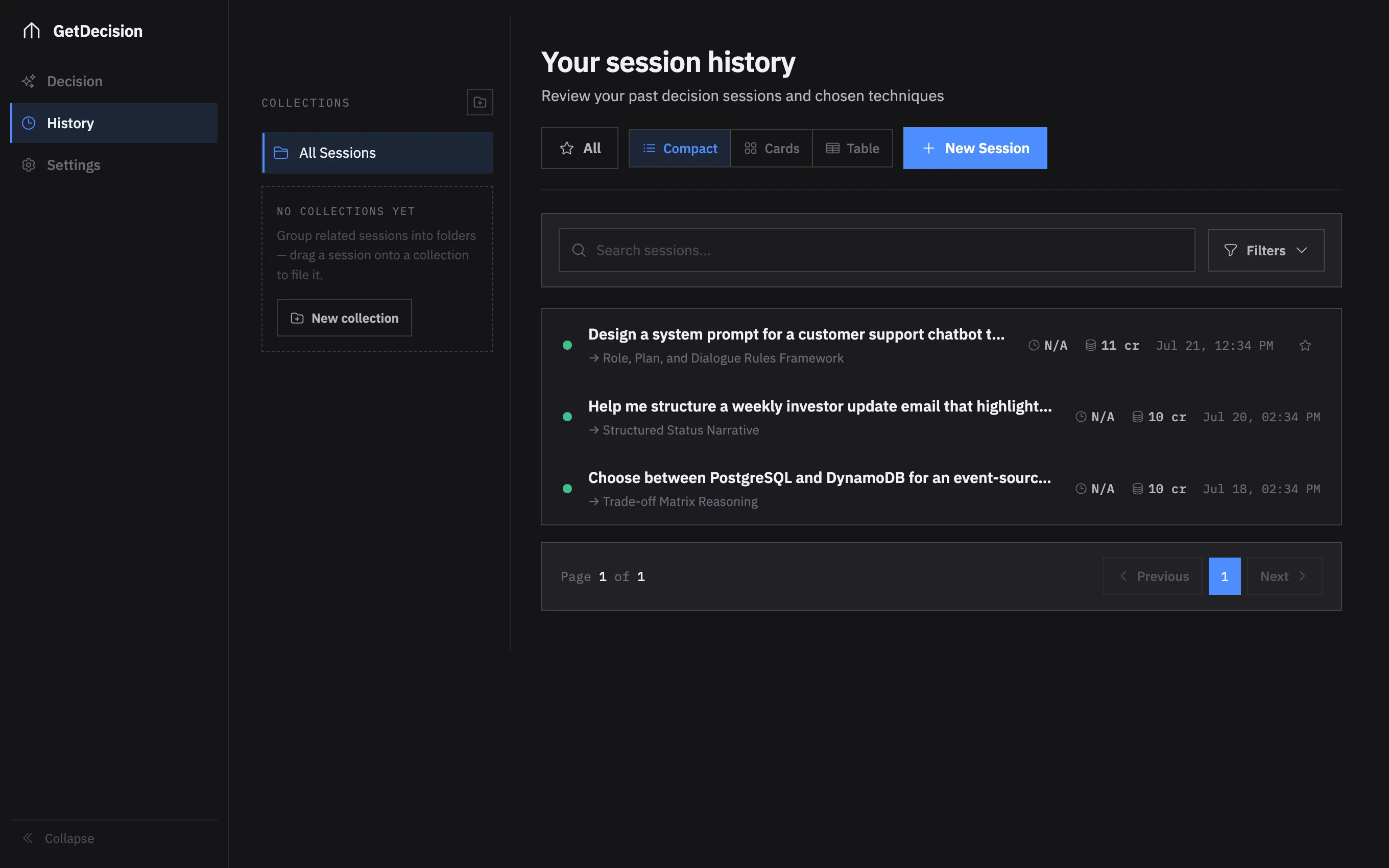 GetDecision history: past sessions with chosen techniques and costs