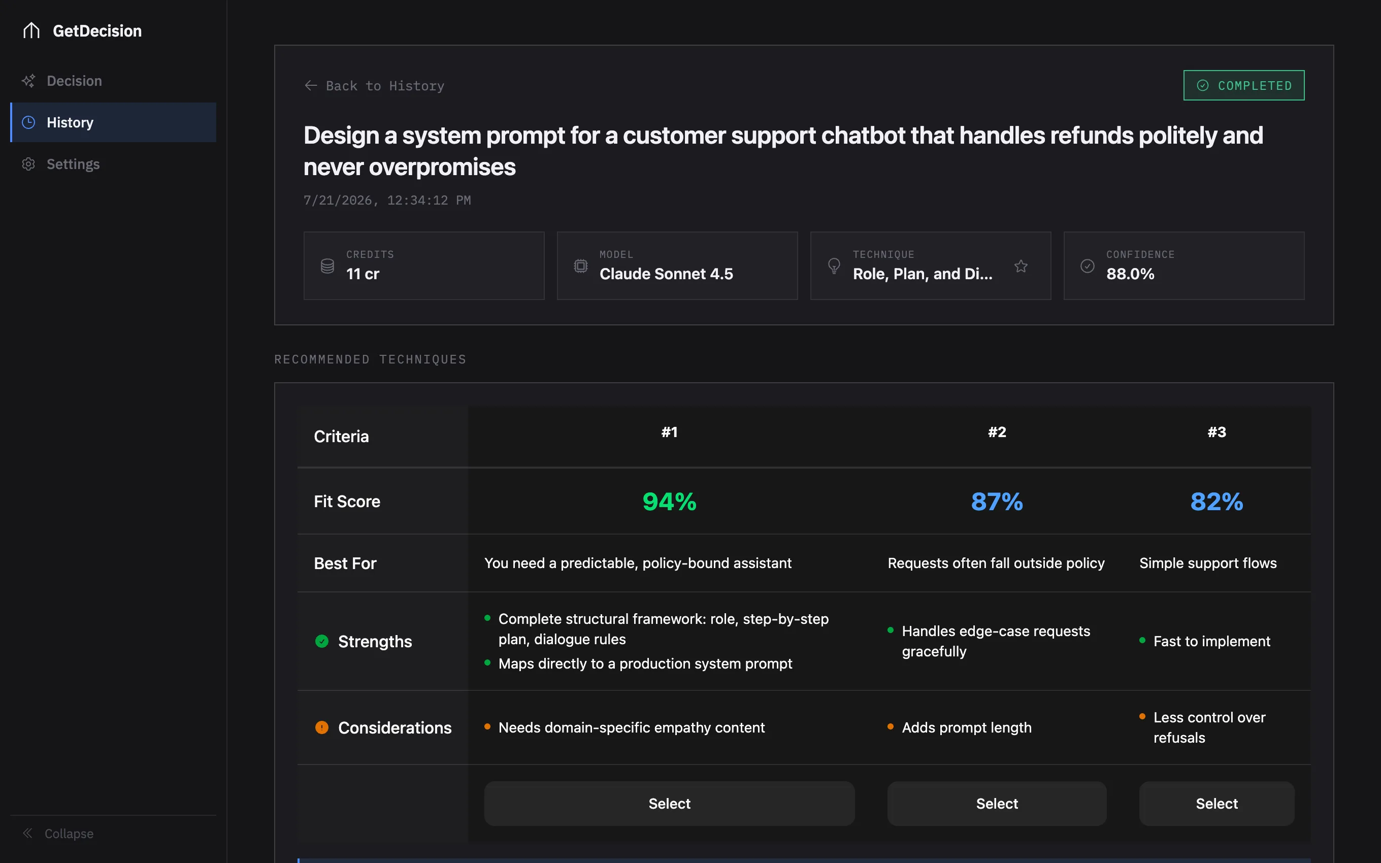 GetDecision verdict view: three techniques ranked with fit scores, strengths and considerations