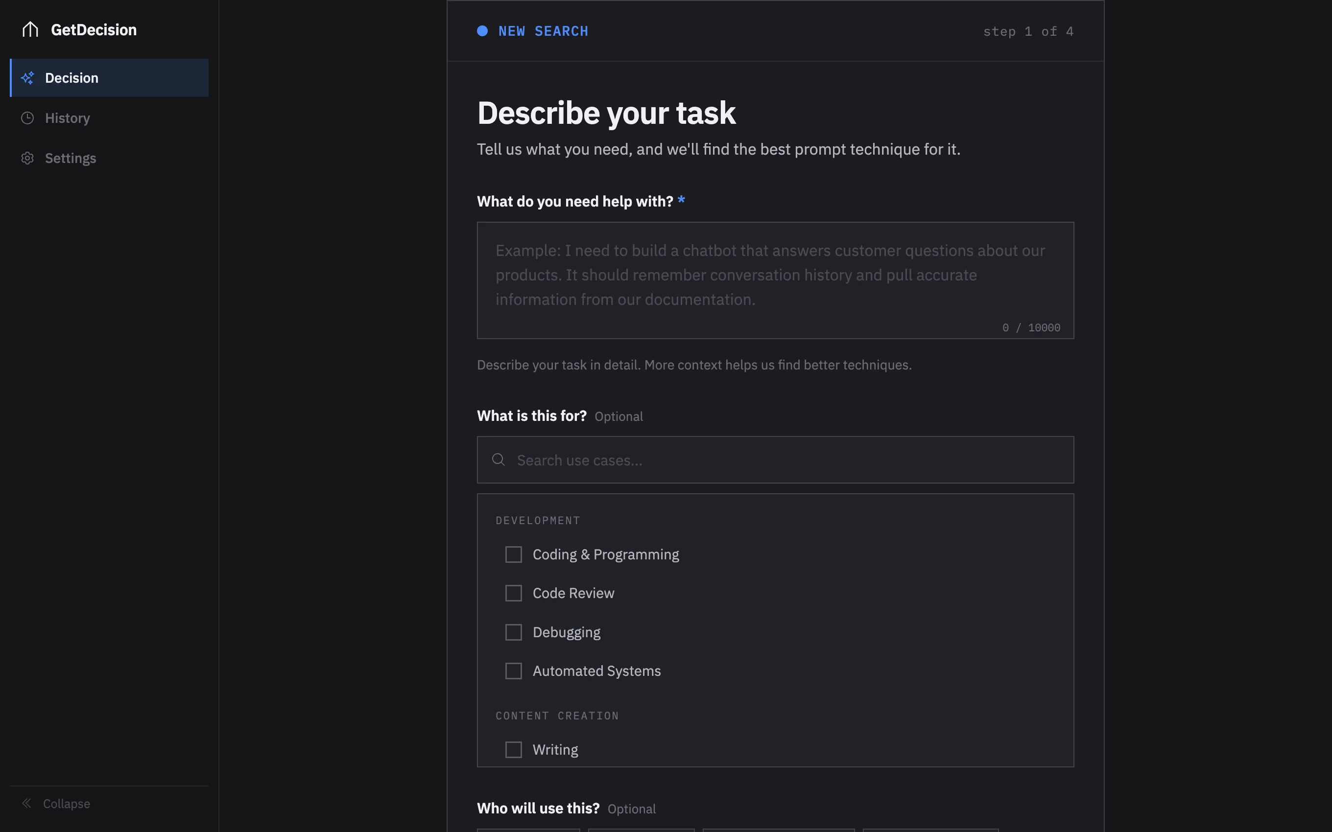 GetDecision input step: describe your task in plain language